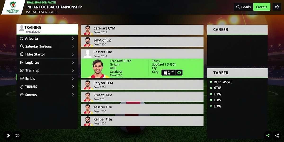 Indian Football Championship Career Mode Indian Football Championship career mode interface showing player stats, training options and career progression
